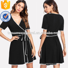 Black Contrast Binding Wrap Dress OEM/ODM Manufacture Wholesale Fashion Women Apparel (TA7103D)